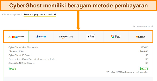 Dapatkan Uji Coba Gratis CyberGhost pilih metode pembayaran