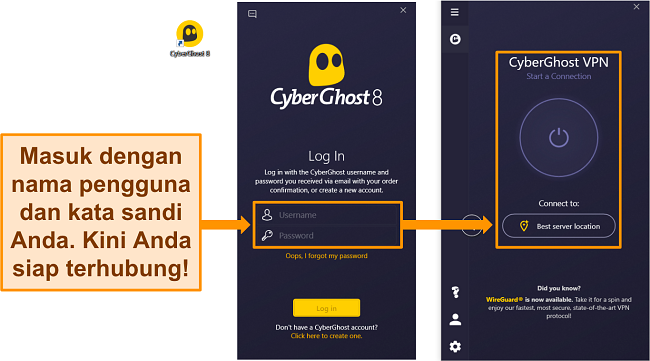 Cuplikan layar aplikasi Windows CyberGhost dengan bagian nama pengguna dan kata sandi disorot.