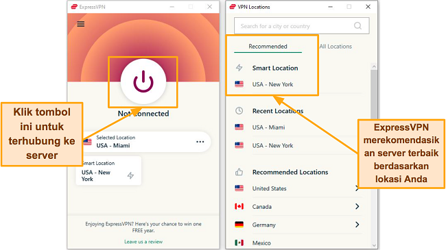 Cuplikan layar halaman koneksi ExpressVPN dan daftar server
