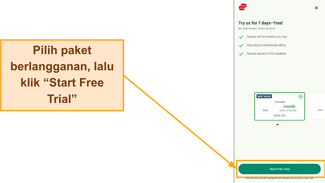 Cuplikan layar halaman pemilihan paket dengan tombol 