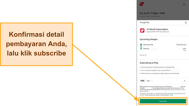 Cuplikan layar konfirmasi pendaftaran terakhir di Google Play, dengan tombol Berlangganan disorot.