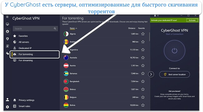 Скриншот серверов CyberGhost, оптимизированных для торрентов