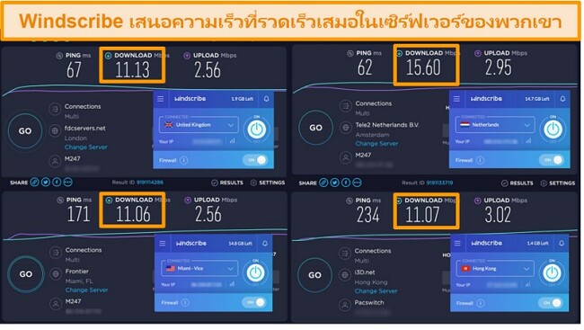ภาพหน้าจอของผลการทดสอบความเร็วของ Windscribe VPN และเซิร์ฟเวอร์ในสหราชอาณาจักรเนเธอร์แลนด์สหรัฐอเมริกาและฮ่องกง