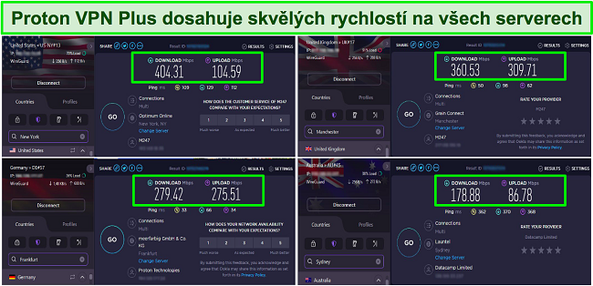 Sn&iacute;mek obrazovky testů rychlosti Proton VPN ukazuj&iacute;c&iacute; servery v USA, Velk&eacute; Brit&aacute;nii, Německu a Austr&aacute;lii
