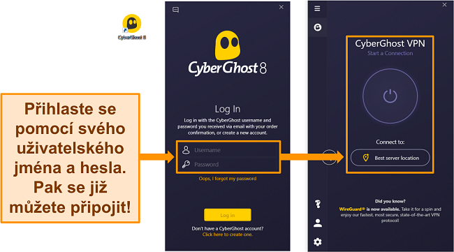 Sn&iacute;mek obrazovky aplikace CyberGhost pro Windows se zv&yacute;razněnou č&aacute;st&iacute; uživatelsk&eacute;ho jm&eacute;na a hesla.