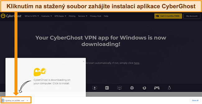 Sn&iacute;mek obrazovky stahov&aacute;n&iacute; aplikace CyberGhost do zař&iacute;zen&iacute; se syst&eacute;mem Windows.
