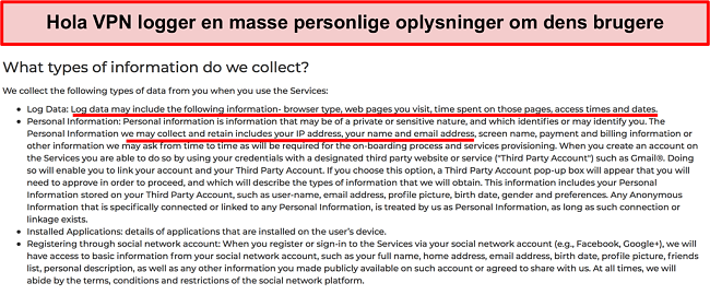 Skærmbillede af Hola VPN-privatlivspolitik, der viser den logger IP-adresse