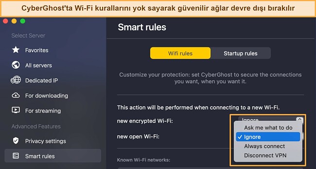 VPN bağlantısı kesiliyor nasıl düzeltilir CyberGhost Akıllı kurallar sekmesi