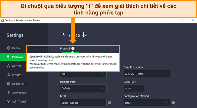 Ảnh chụp màn hình ứng dụng Windows của PIA trên menu Giao thức, hiển thị giải thích chi tiết về một tính năng khi di chuột qua biểu tượng thông tin "i".