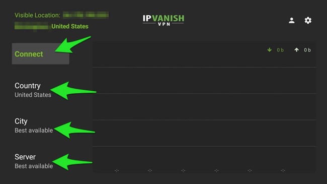 Ảnh chụp màn hình Các tùy chọn Quốc gia, Thành phố, Máy chủ trên giao diện FireStick của IPV Biến.