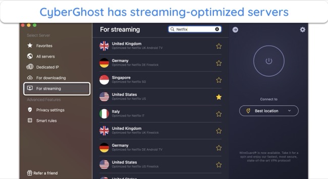 Screenshot of CyberGhost's optimized servers for Netflix