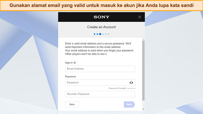 Tangkapan layar layar pembuatan akun PlayStation yang meminta alamat email