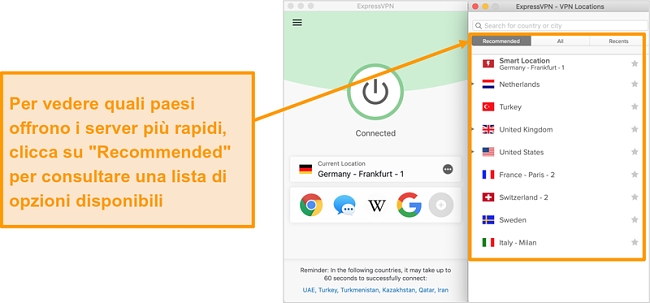Screenshot dell'app ExpressVPN che mostra i server consigliati