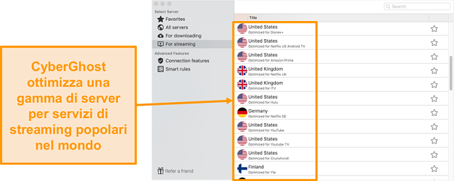 Screenshot dell'app CyberGhost per Mac che mostra i server ottimizzati per lo streaming