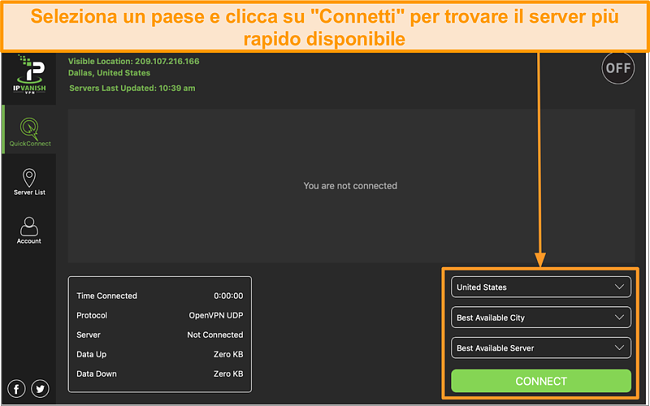 Screenshot dell'interfaccia dell'app IPVanish e della sezione