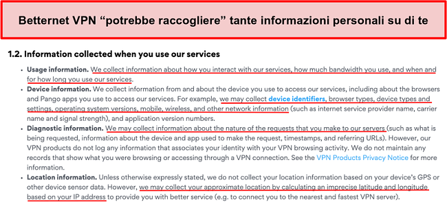Screenshot dell'informativa sulla privacy di Betternet VPN