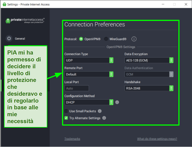 Screenshot delle impostazioni di sicurezza PIA disponibili