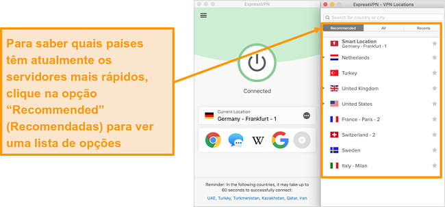 Captura de tela do aplicativo ExpressVPN mostrando os servidores recomendados