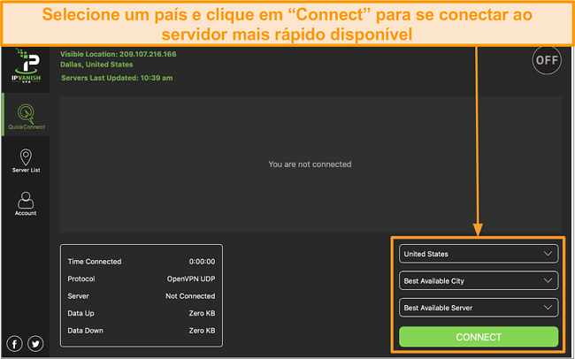 Captura de tela da interface do aplicativo IPVanish e da seção "Conexão rápida"