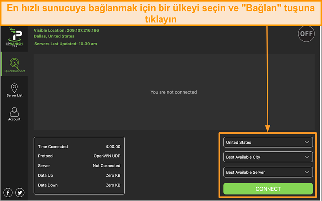IPVanish uygulama arayüzü ve "Hızlı Bağlan" bölümünün ekran görüntüsü