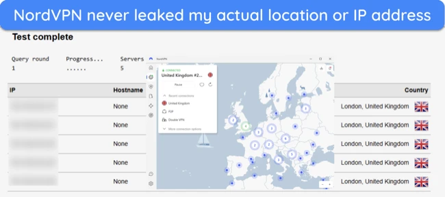 Screenshot of NordVPN passing IP leak tests