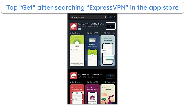Screenshot showing how to install ExpressVPN on iOS