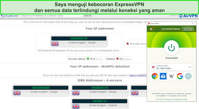 Screenshot of ExpressVPN passing a leak test Tangkapan layar ExpressVPN lolos uji kebocoran