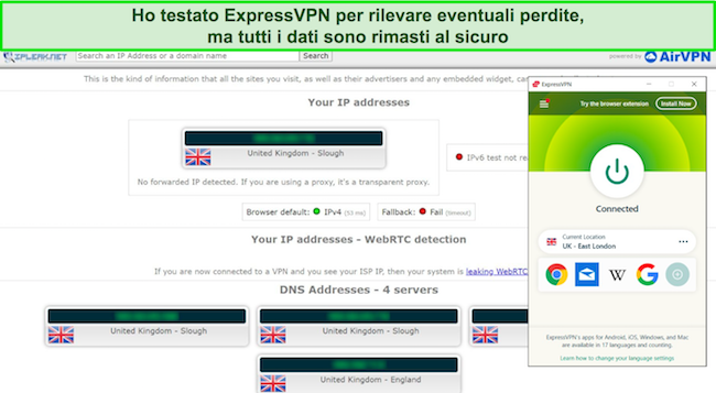 Screenshot of ExpressVPN passing a leak test Screenshot di ExpressVPN che supera un test di tenuta