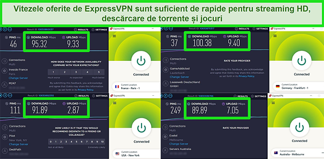Capturi de ecran ale rezultatelor testului de viteză ale ExpressVPN atunci c&acirc;nd sunt conectate la diferite servere la nivel global