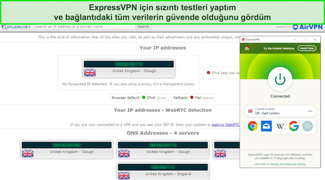 Screenshot of ExpressVPN passing a leak test ExpressVPN'in sızıntı testini geçmesinin ekran görüntüsü