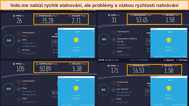 Snímky obrazovky hide.me připojené k serverům v Nizozemsku, Německu a USA, zdůrazňující výsledky testů rychlosti stahování a odesílání.