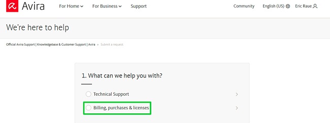 Capture d'écran de la page de support d'Avira