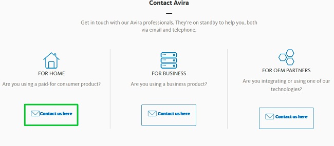Capture d'écran de la page de support d'Avira