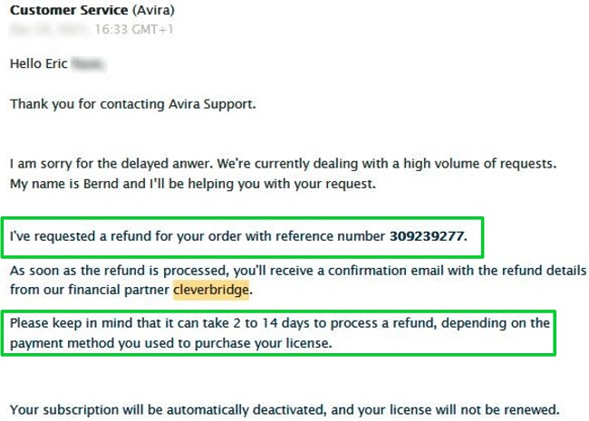 Capture d'écran d'un e-mail du service client d'Avira confirmant que mon remboursement est en cours de traitement