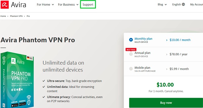 Capture d'écran du site web d'Avira affichant Avira Phantom Pro VPN