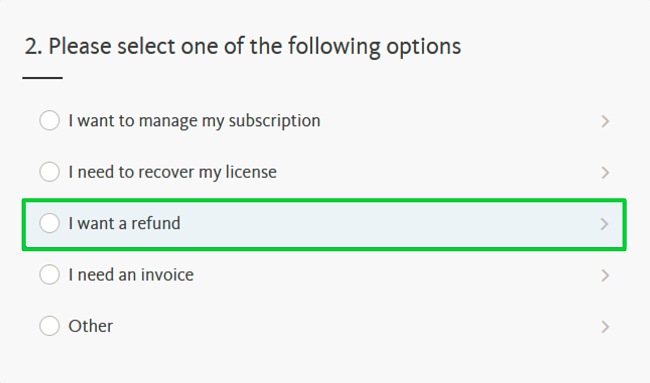 Capture d'écran du menu des options de support d'Avira affichant une option permettant de demander un remboursement.