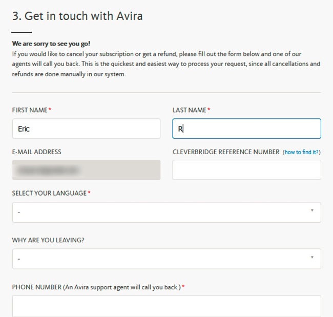 Capture d'écran du formulaire de support d'Avira