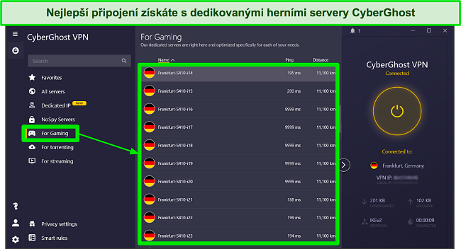 Snímek obrazovky serverů CyberGhost optimalizovaných pro hraní her v aplikaci Windows