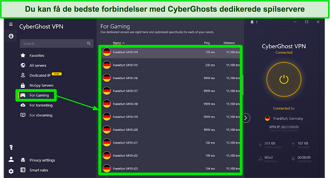 Sk&aelig;rmbillede af CyberGhosts spiloptimerede servere p&aring; Windows-appen