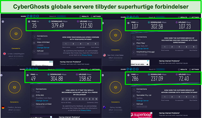 skærmbillede af side-by-side hastighedstests sammen med CyberGhost-appen forbundet til forskellige servere