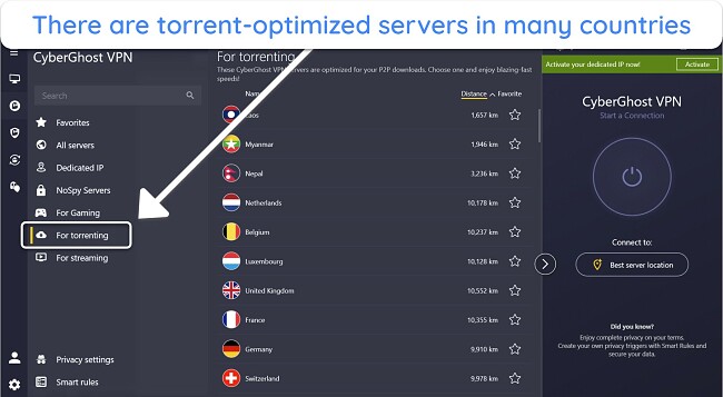 CyberGhost includes various P2P-optimized servers