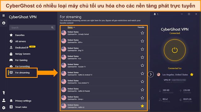 Ảnh chụp màn hình danh sách các máy chủ được tối ưu hóa phát trực tuyến cho các nền tảng phổ biến của CyberGhost