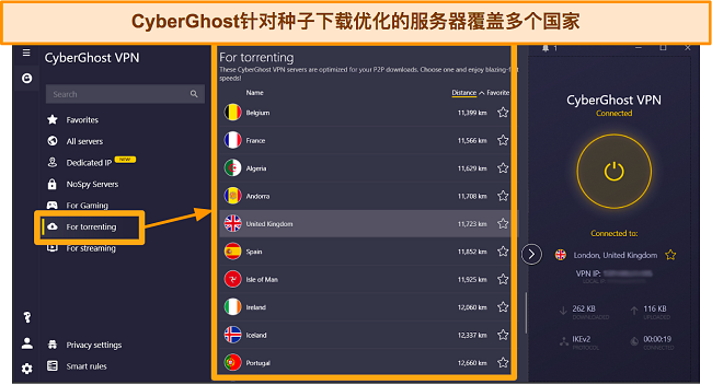 Windows 应用上 CyberGhost 的洪流优化服务器的屏幕截图
