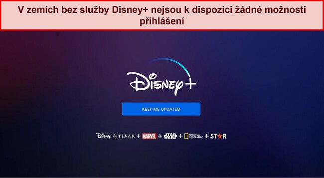 Snímek obrazovky domovské stránky Disney+ bez možnosti přihlášení nebo účtu, pouze zpráva, která zní 