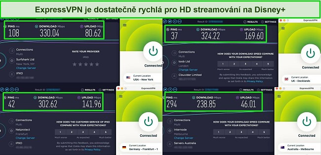 Snímky obrazovky výsledků testu rychlosti Ookla s ExpressVPN připojeným k serverům v USA, Velké Británii, Německu a Austrálii.