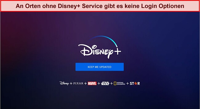 Screenshot der Startseite von Disney+ ohne Anmelde- oder Kontooptionen, nur eine Nachricht mit der Aufschrift