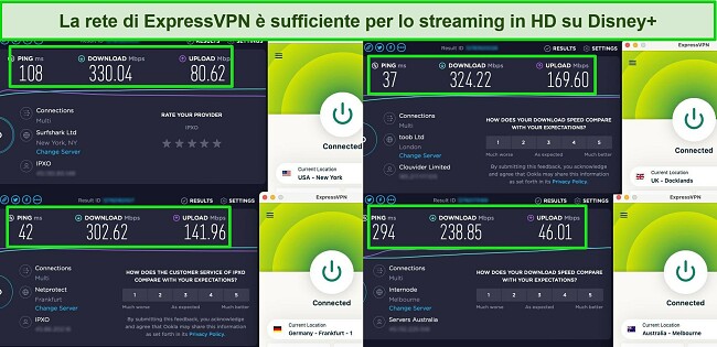 Screenshot dei risultati dei test di velocità di Ookla con ExpressVPN connesso ai server negli Stati Uniti, nel Regno Unito, in Germania e in Australia