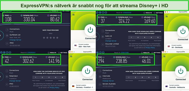 Skärmdumpar av Ookla hastighetstestresultat med ExpressVPN ansluten till servrar i USA, Storbritannien, Tyskland och Australien.