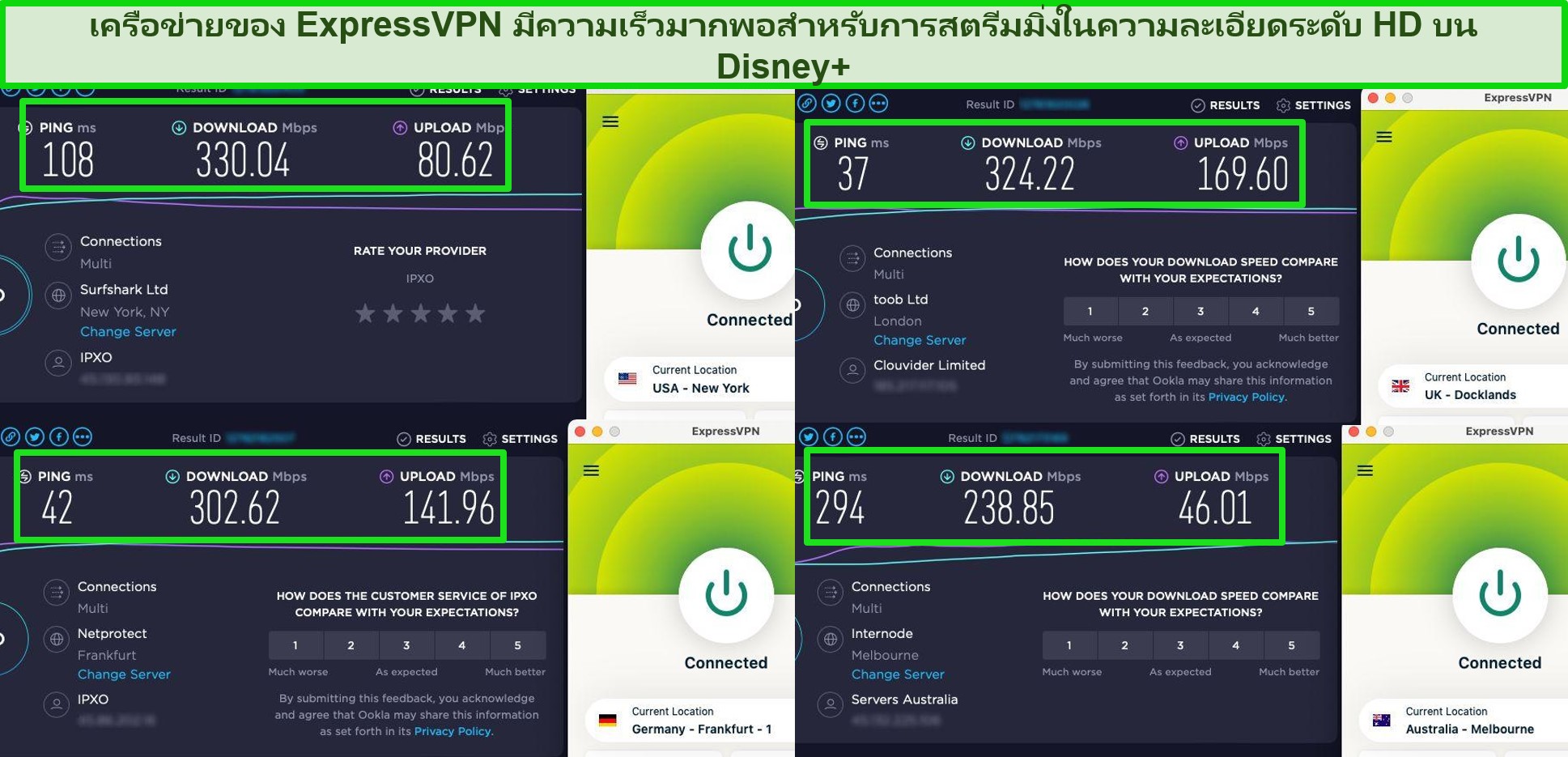 ภาพหน้าจอของผลการทดสอบความเร็วของ Ookla ด้วย ExpressVPN ที่เชื่อมต่อกับเซิร์ฟเวอร์ในสหรัฐอเมริกา สหราชอาณาจักร เยอรมนี และออสเตรเลีย