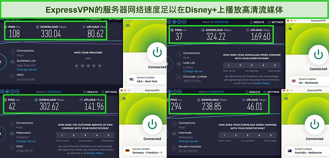 使用 ExpressVPN 连接到美国、英国、德国和澳大利亚服务器的 Ookla 速度测试结果的屏幕截图。